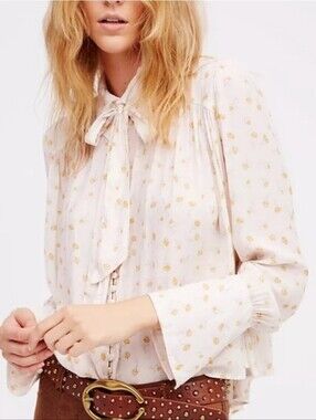 Free People Ivory Floral Tie Neck Blouse Boho Bell Sleeve Top